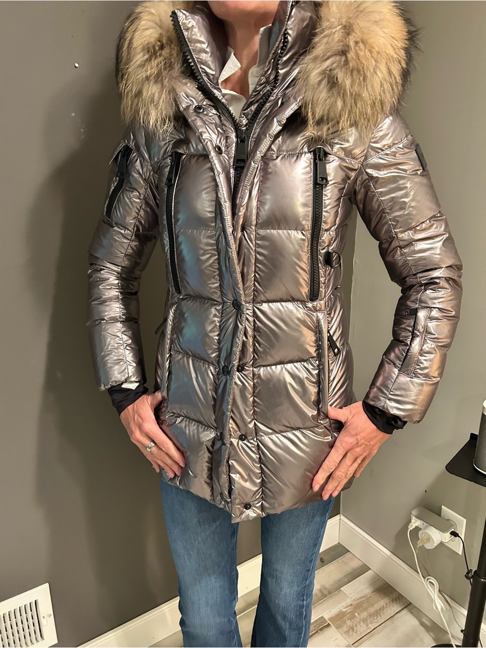 SAM. Iridescent Silver Quilted Puffer Coat with Fur Trim Hood